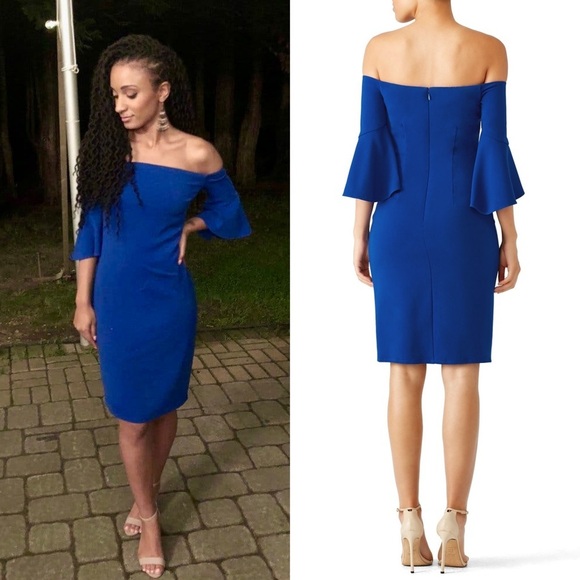 LAUNDRY SHELLI SEGAL Cobalt Crepe Off Shoulder Flare Bell Sleeve Sheath Dress 8 - Picture 2 of 8